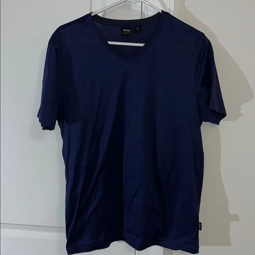 Hugo Boss Black Label Mens Cotton Fabric Tee T shirt M V-neck Cotton Navy Blue